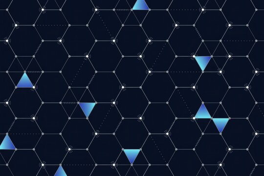 Dark geometric pattern with hexagonal grid structure and blue gradient triangles connected by thin white lines and circular nodes