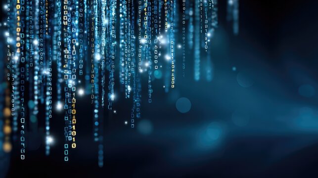 Glowing Data Streams of Digital Binary Code in a Futuristic Blue Background, Representing Technology, Communication, and Information Processing Concepts