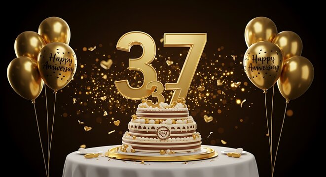 Golden 37th Birthday: Cake, Balloons & Confetti Celebration