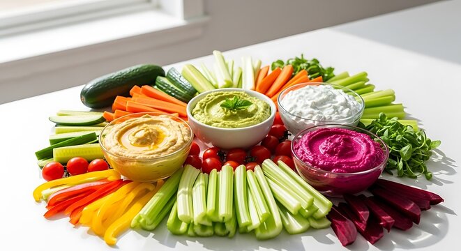 Fresh vegetable sticks with colorful hummus dips in bowls for healthy snack platter on a kitchen table. kitchen dip station