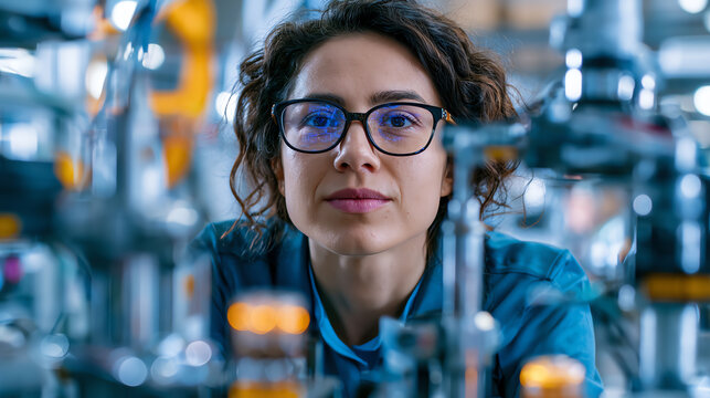 Focused engineer in safety glasses analyzes machinery in modern factory setting, showcasing diligent work ethic.