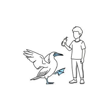 Boy watching large seabird with envelope illustration.