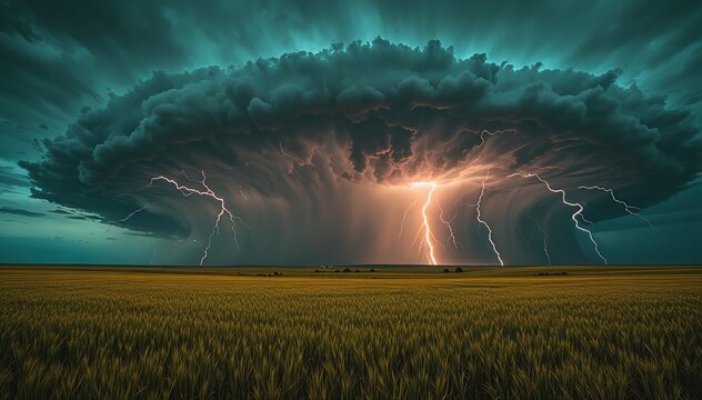 Great Plains Summer Supercell Thunderstorm Lightning Wheat Field USA Landscape