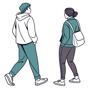 Two people walking away line art illustration with white background