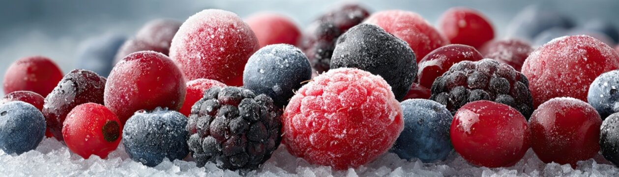 A close-up of assorted frozen berries covered with frost, resting on a bed of ice.