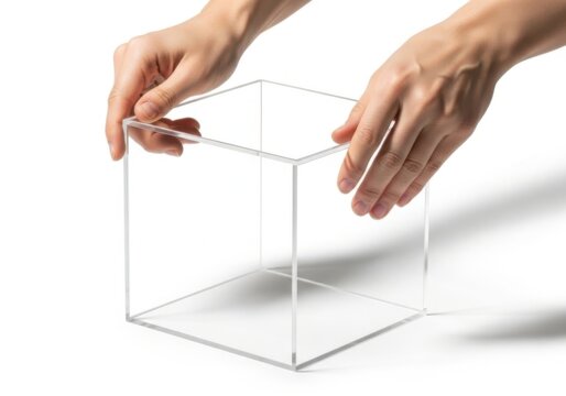 Person holding a clear acrylic cube box with hands in a studio setting