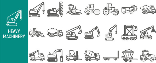 Heavy Machinery and Construction Equipment outline icon set. Featuring crane, excavator, bulldozer, mixer, and forklift symbols. Editable stroke vector icons for building contractor and site fleet. © Pixel_Forge