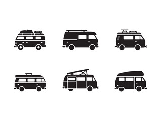 Obraz premium Collection of campervan and van silhouettes in different side views for travel and transportation concepts various vehicle types