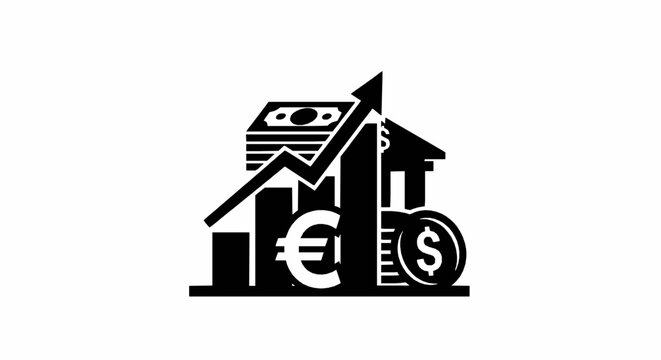Financial growth icon with bank building, rising graph, currency symbols and stack of money