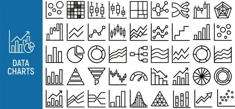 Data Chart and Statistic Graph outline icon set. Featuring pie diagram, bar, funnel, trend line, and histogram symbols. Editable stroke vector icons for analytics dashboard and financial report.