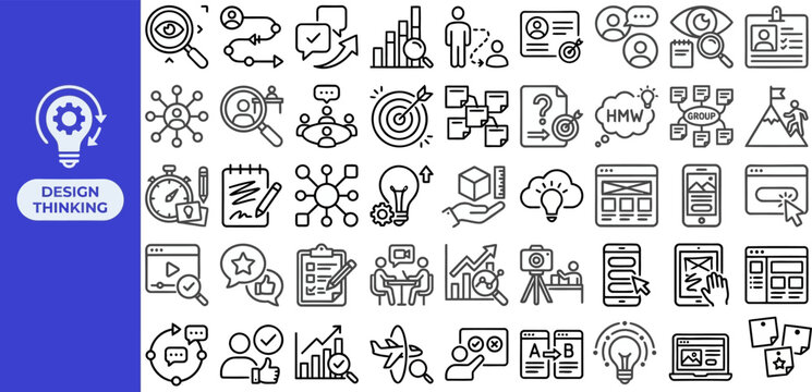 Design Thinking and User Experience outline icon set. Featuring empathy, ideation, persona, wireframe, and prototype symbols. Editable stroke vector icons for software studio and agile workshop.