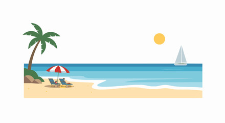 Obraz premium Tropical beach scene with palm tree, sun, sailboat and lounge chairs