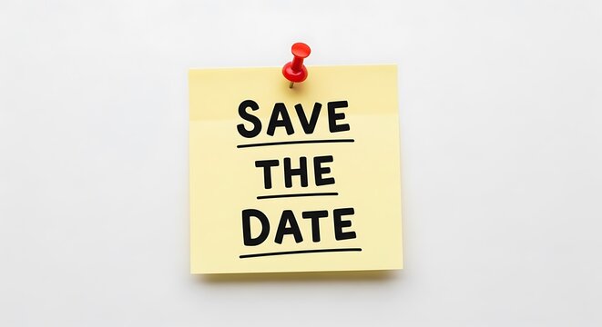 Save the date message on yellow sticky note pinned with red thumbtack, isolated on white background