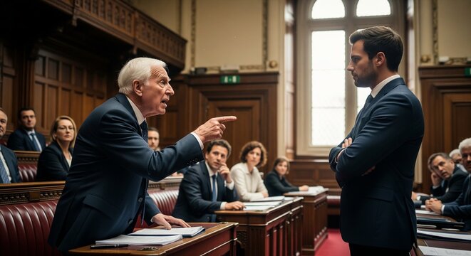 An older politician passionately confronts a younger counterpart in a formal legislative chamber, highlighting a tense moment of disagreement and debate