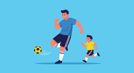 Obraz premium Adult man and a young boy in a yellow jersey playing football together on a clear blue background representing sports education and fun.
