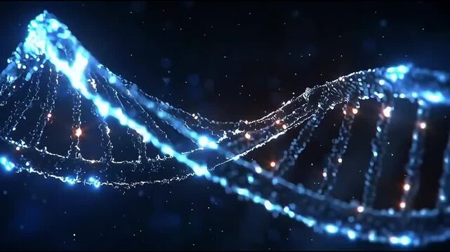 Abstract 3D rendering of a glowing blue DNA double helix structure with particles and light effects