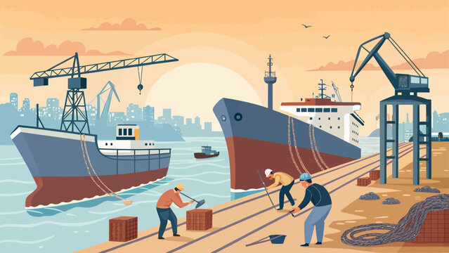 Commercial port operations with cargo ships and dockworkers shipping logistics industrial maritime transport container business terminal delivery dockyard stevedore infrastructure
