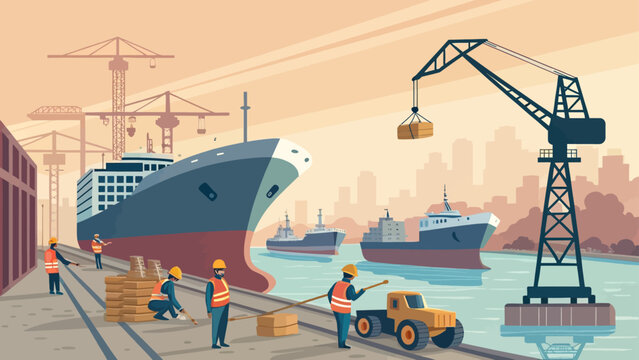 Industrial port dock scene with loading cranes and cargo vessels shipping terminal logistics industry maritime industrial transport dockyard waterfront container business delivery