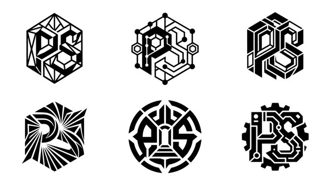 Six unique abstract PS letter logos with geometric and tech designs.