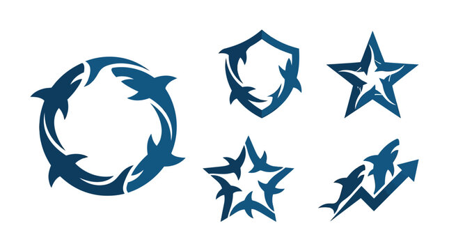 Stylized shark graphics forming various shapes and symbols.