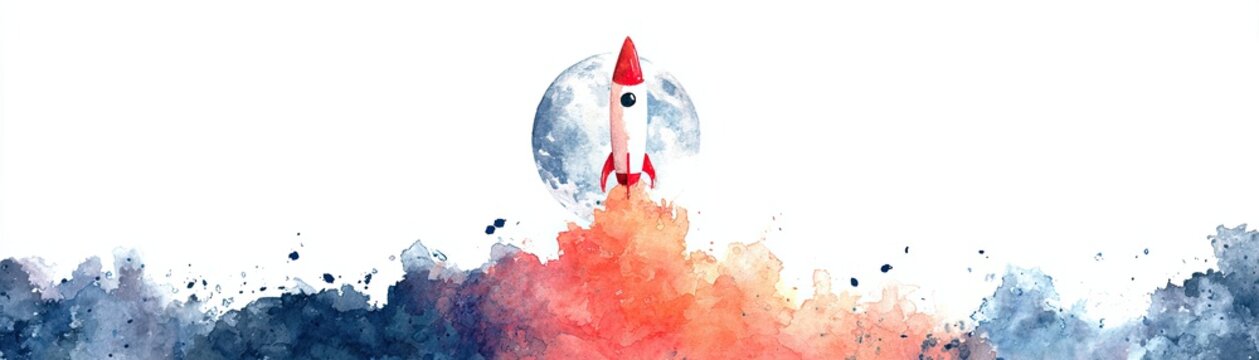 A watercolor illustration shows a red and white rocket launching with smoke clouds, set against a large full moon and a colorful sky.
