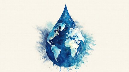 Obraz premium A watercolor painting of a blue water droplet featuring a stylized world map, symbolizing global water conservation and environmental awareness.