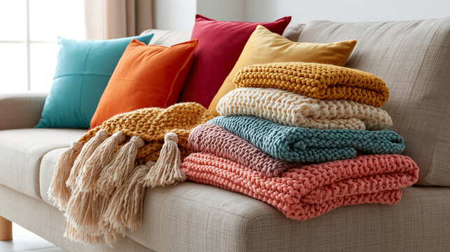 Cozy Sofa Corner with Folded Knitted Throws and Vibrant Decorative Pillows