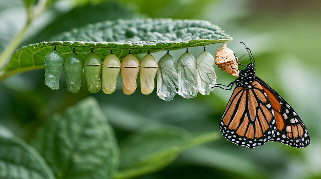 Detailed Butterfly Life Cycle Scene with Monarch and Chrysalises on Leaf