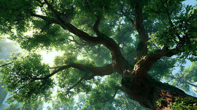 Lush green tree viewed from below, showcasing vibrant leaves and sunlight filtering through branches in a serene setting.