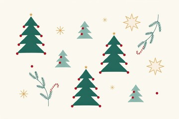 Obraz premium Minimalist christmas set featuring simple green pine trees, golden stars, red berries, and festive branches on cream