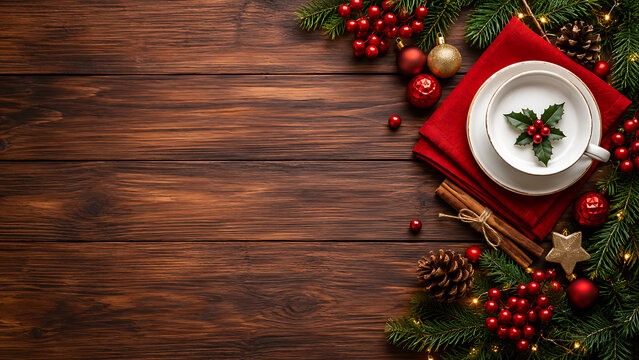 Rustic Christmas Table Setting With Red Napkin And Festive Greenery | Holiday Dinner Plate On Wooden Background With Copy Space | Elegant Christmas Place Setting With Berries And Evergreen Decor