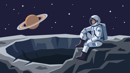 Naklejka premium Astronaut contemplating Saturn from a moon's surface, a flat design illustration