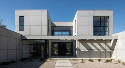 Fototapeta premium Modern minimalist concrete house with large windows and geometric shadows on a clear day