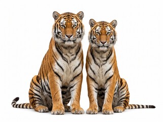 Obraz premium A pair of tigers is sitting next to each other, a symbol of species conservation and harmony in nature, a high-quality, clear, and detailed photo, with an isolated background.
