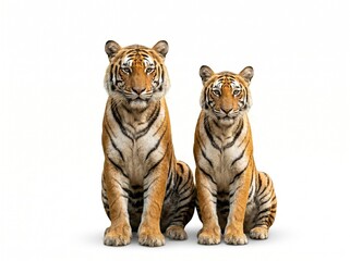 Obraz premium A pair of tigers is sitting next to each other, a symbol of species conservation and harmony in nature, a high-quality, clear, and detailed photo, with an isolated background.