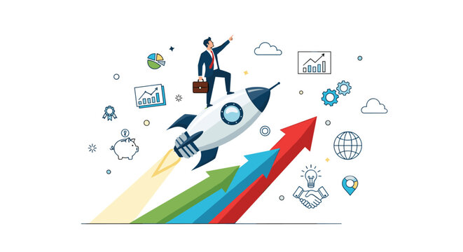 Entrepreneur flies on a rocket ship through a white sky filled with various icons of corporate business success.