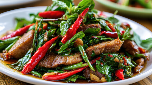 authentic thai stir-fried crispy por food photography