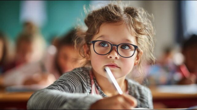 Young female student with curly hair paying attention and thinking during a lesson at school