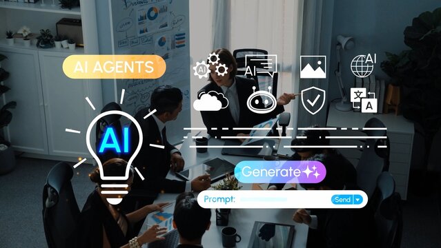 A diverse group of professionals collaborates in an office setting, utilizing advanced technology tools and discussing innovative AI concepts to enhance business strategies. Entropy.