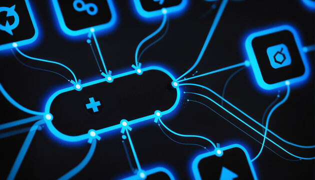 AI agent interface design as dark interface diagram displaying a glowing neon blue network flowchart with a central node labeled agent connecting to various surrounding icon modules.