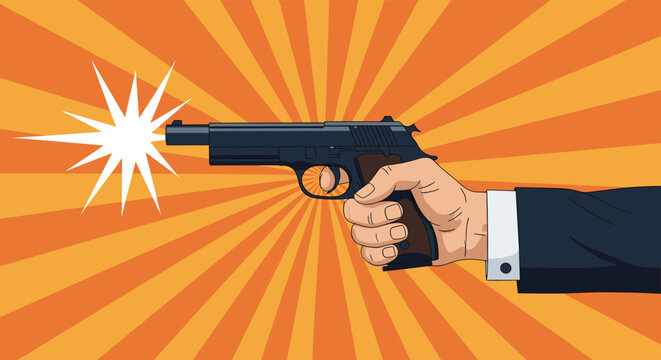 Hand in a black suit firing a handgun with a bright white muzzle flash against a dynamic orange radial background.