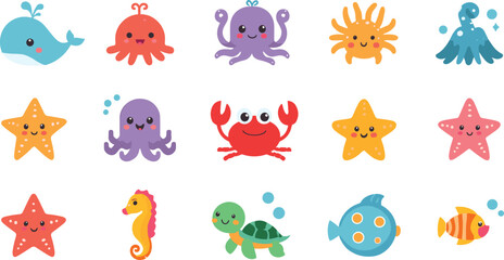 Cute Ocean Animal Cartoon Collection Featuring Whale Octopus Crab Starfish Seahorse Turtle Fish and Jellyfish Marine Characters Vector Illustration © Yevhenii creative