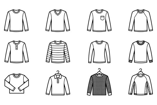 Minimalist long sleeve shirt icons, set of 12 apparel line art illustrations, flat vector clothing templates for fashion design and retail mockups