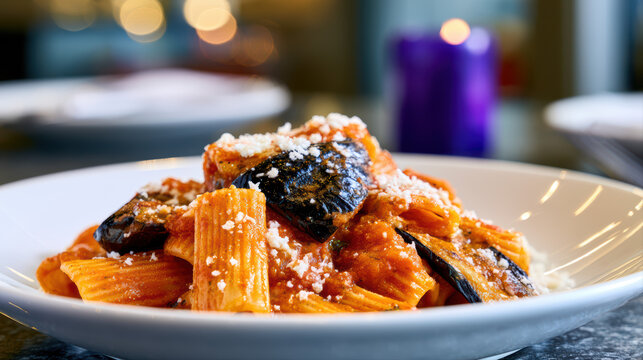 italian pasta alla norma rigatoni food photography