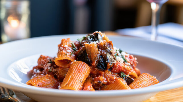 food photography of pasta alla norma rigatoni
