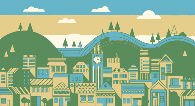 Flat vector illustration of a small town with green hills