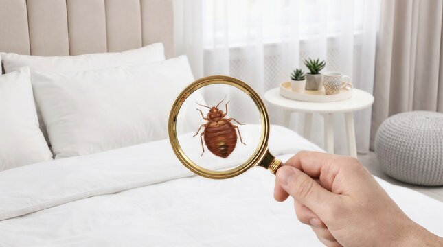 Hand Holding Magnifying Glass Showing Bed Bug on White Bed Mattress in Bedroom