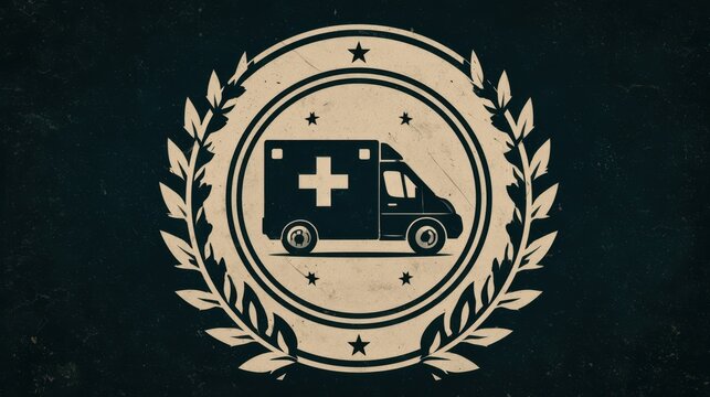 Vintage-style emblem featuring an ambulance icon encircled by laurel branches and stars on a textured dark background.
