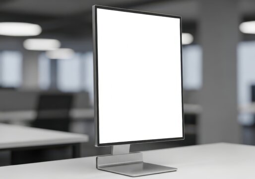 Modern computer monitor with blank screen sitting on a desk in a blurred office