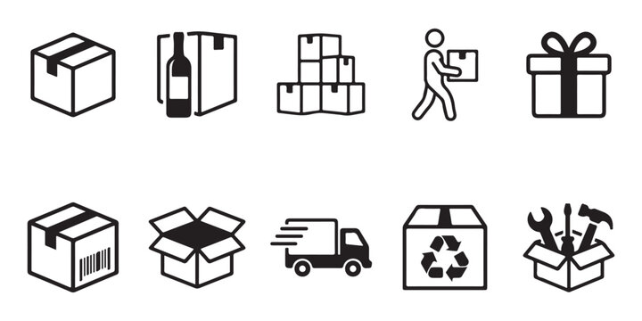 Black and white line icons of various packages and delivery concepts